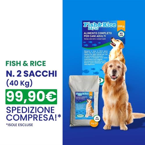 PROMO FISH&RICE MANGIME COMPLETO PER CANI 2 SACCHI DA KG 20